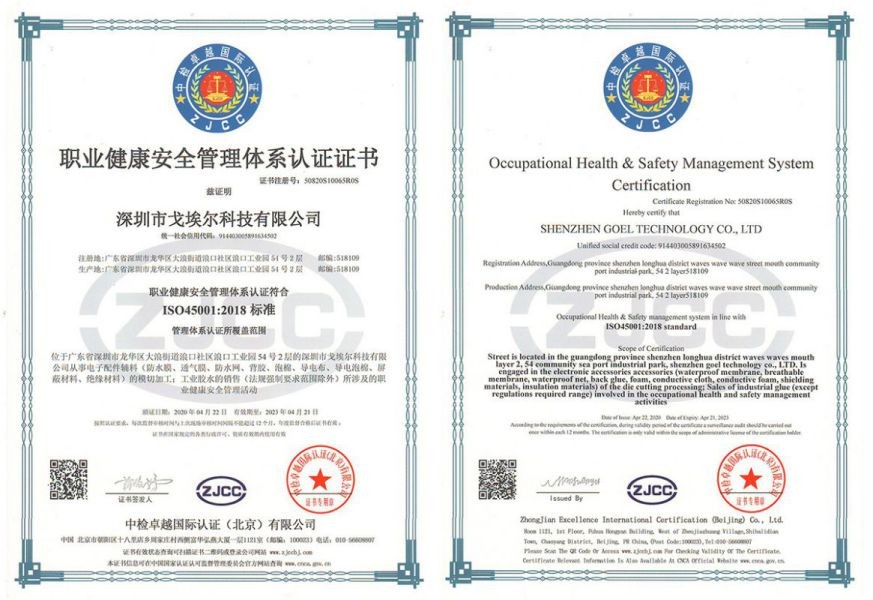 职业健康安全管理体系认证证书